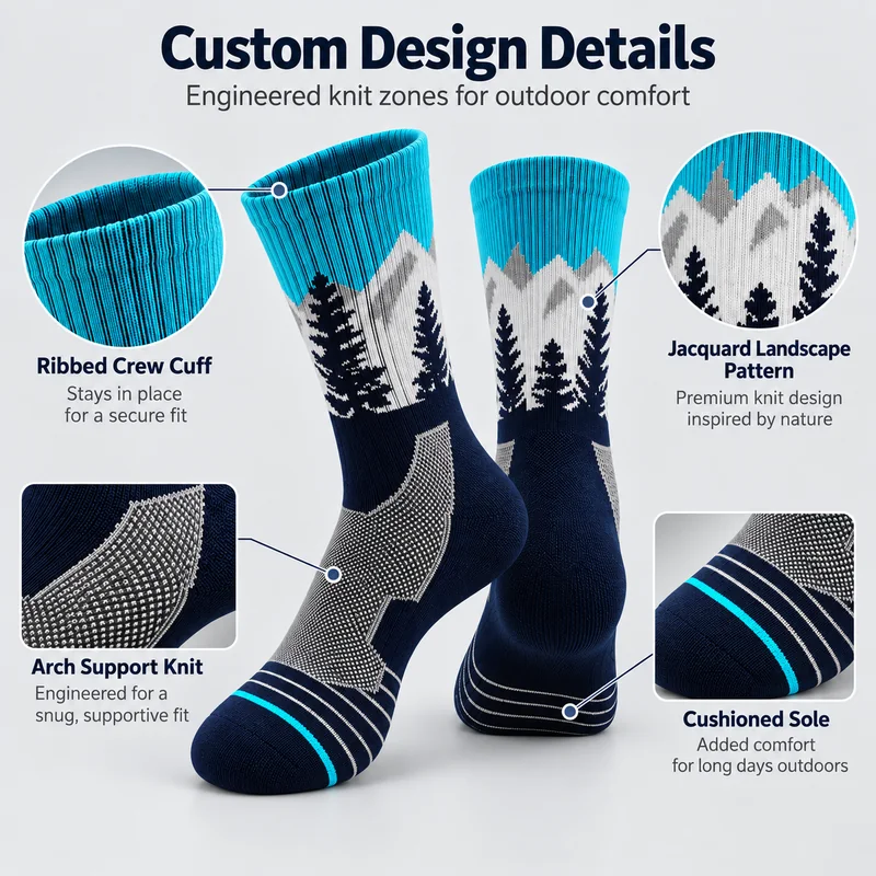 Turquoise and navy mountain and forest hiking socks showing the ribbed crew cuff, landscape jacquard, contrasting arch-knit zone and toe details