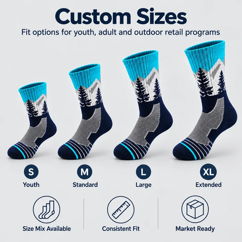 Mountain and forest hiking socks in S, M, L and XL size directions for youth, standard, large and extended fits