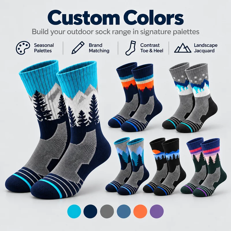 Six landscape jacquard hiking sock designs with mountain, tree and snowflake motifs and turquoise, navy, grey, blue, orange and purple palette references