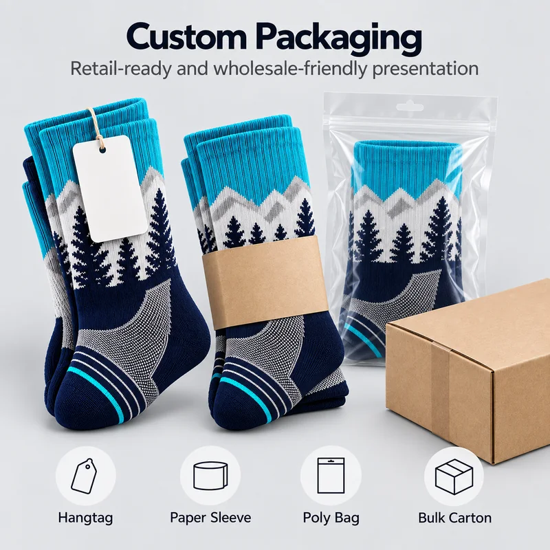 Turquoise and navy landscape hiking socks with hangtag, paper sleeve, poly bag and bulk carton packaging examples