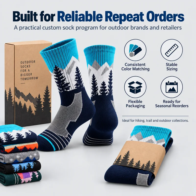 Mountain and forest hiking socks with branded box and paper sleeve examples, stacked colourways and repeat-order planning references