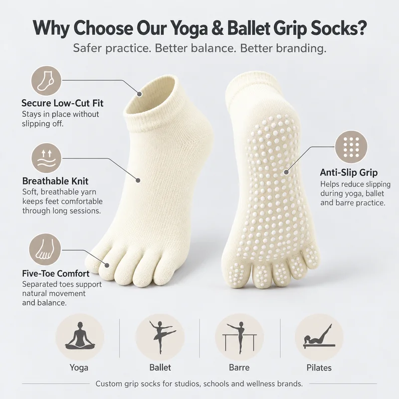Ivory low-cut five-toe grip socks with illustrated cuff, knit and round-dot sole details alongside yoga, ballet, barre and Pilates activity references