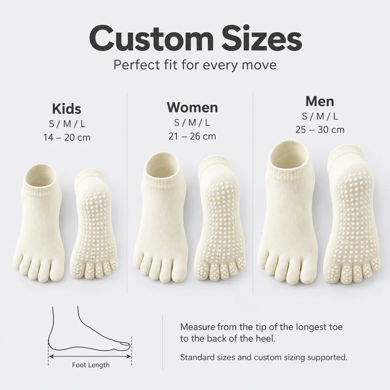 Low-cut five-toe socks with approximate foot-length groups of 14 to 20, 21 to 26 and 25 to 30 centimetres and a longest-toe-to-heel measuring guide