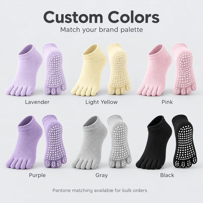 Low-cut five-toe grip sock colour chart showing lavender, light yellow, pink, purple, grey and black pairs with white round-dot sole grip