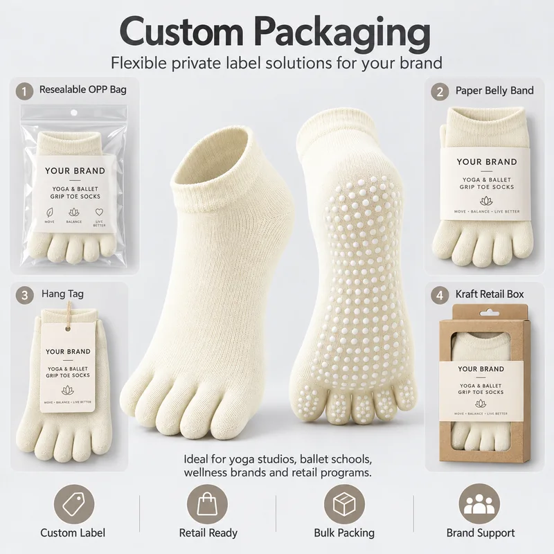 Ivory low-cut five-toe grip socks with resealable OPP bag, paper belly band, hang tag and kraft retail box packaging references