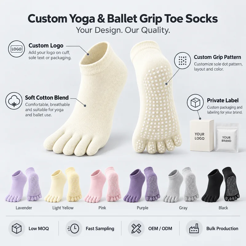 Low-cut five-toe yoga socks with cuff logo and round-dot grip customization references, cotton-blend material direction, six colour options and private label packaging