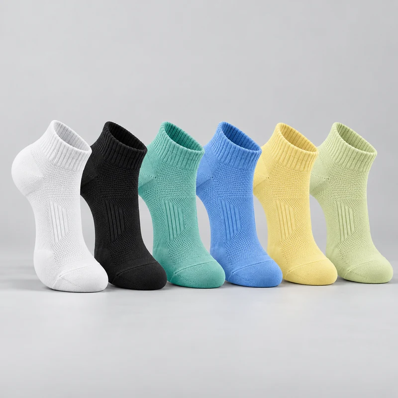 Low-cut mesh running socks in white, black, teal, blue, yellow and pale green