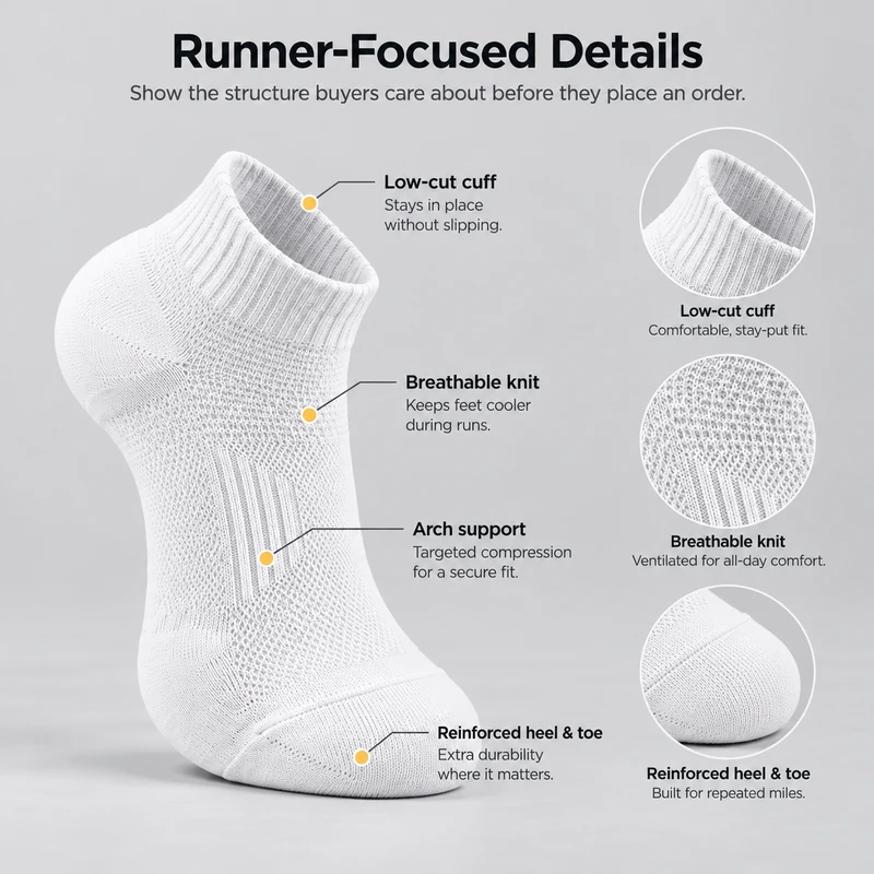 White low-cut running sock showing the ribbed cuff, mesh knit, arch structure and heel and toe areas
