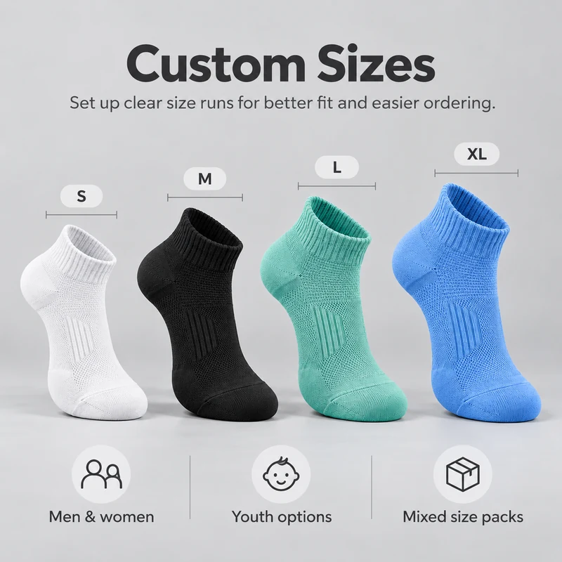 Low-cut running sock size planning with S, M, L and XL examples