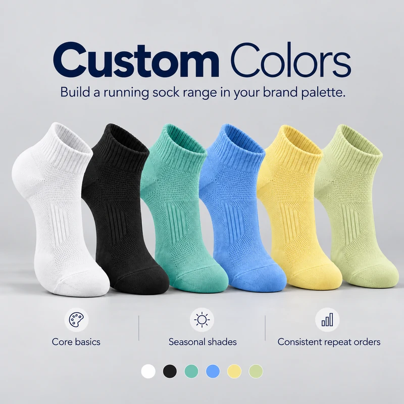 Six plain-colour low-cut mesh running socks with custom colour palette options