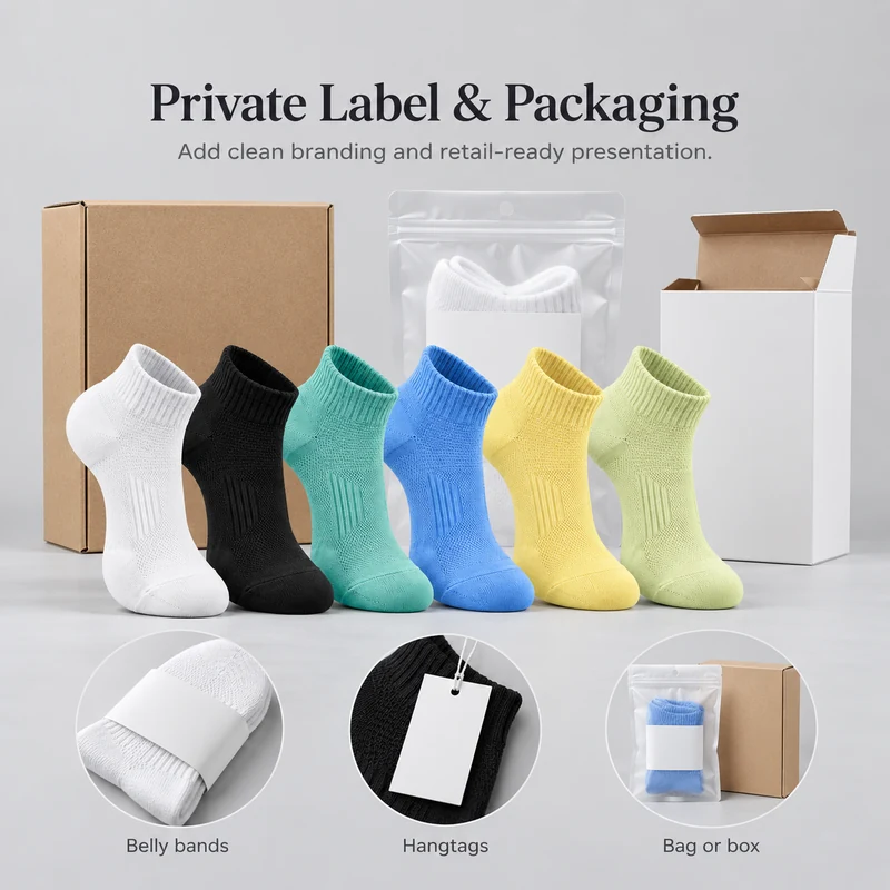 Low-cut running socks with belly bands, hangtags, a bag and box packaging examples