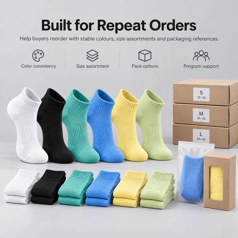 Low-cut mesh running sock colour assortments with folded pairs and labelled boxes for repeat-order planning