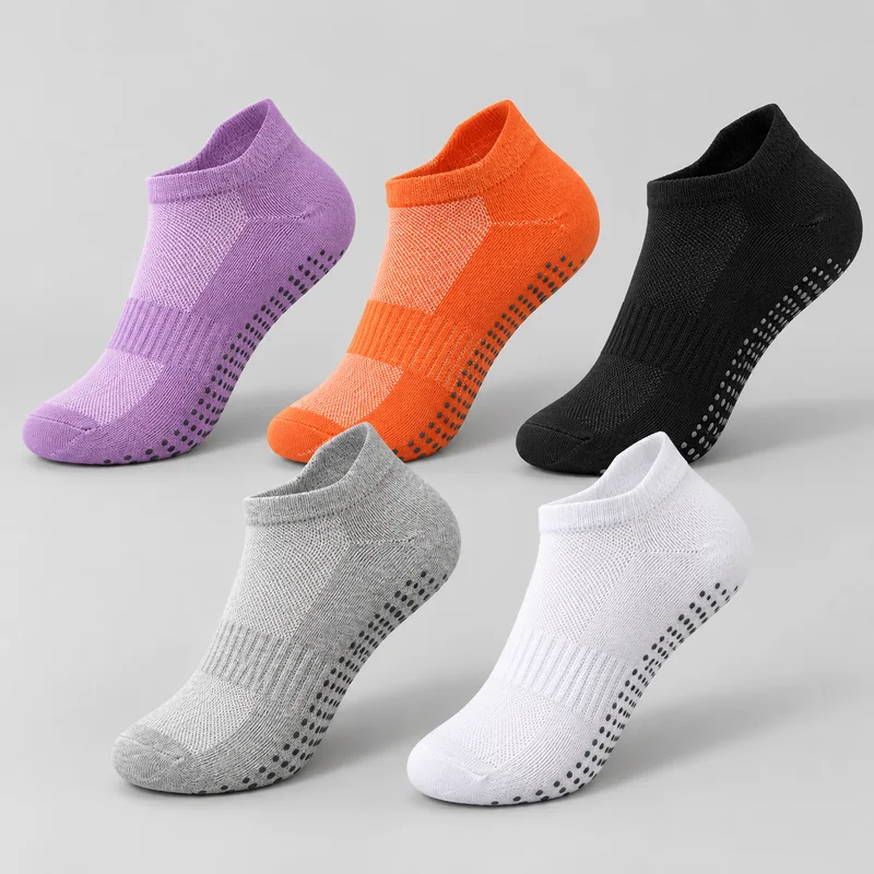 Low-cut mesh yoga grip socks in lavender, orange, black, heather grey and white with circular sole grip dots