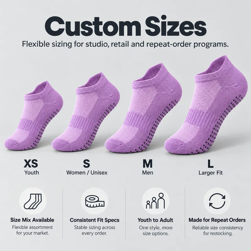 Lavender low-cut yoga grip socks with XS, S, M and L size references for youth, women, unisex and adult ranges