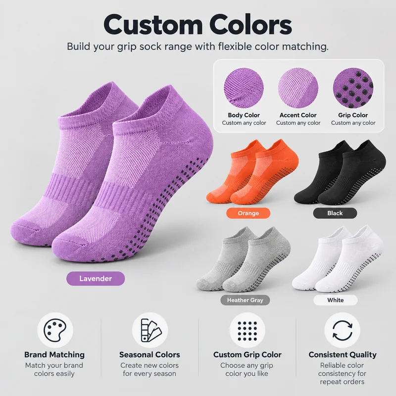 Low-cut yoga grip socks in lavender, orange, black, heather grey and white with body, accent and grip colour detail references
