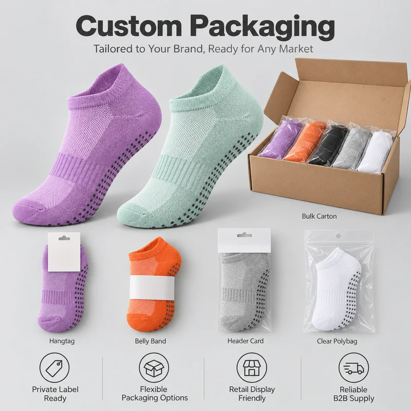 Low-cut yoga grip socks with hangtag, belly band, header card, clear polybag and bulk carton packaging examples