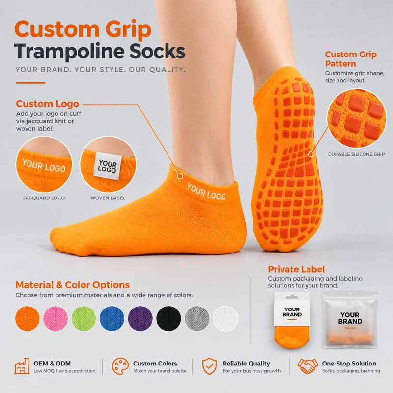 Orange low-cut trampoline socks with rectangular silicone sole pads, illustrated jacquard logo and woven label options, colour swatches and packaging references