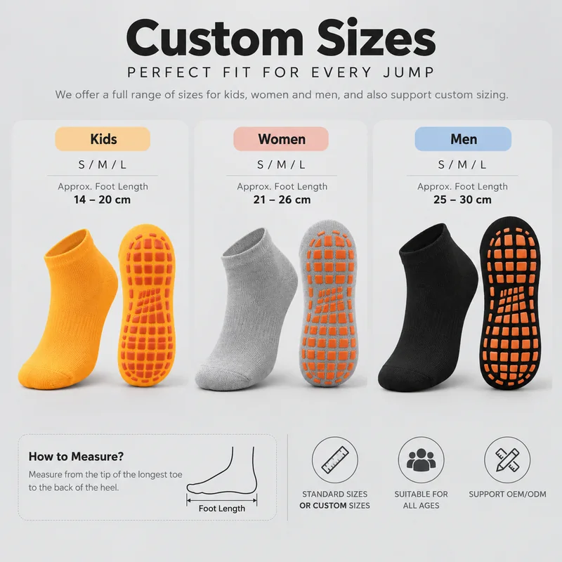 Low-cut grip socks with a reference size chart showing approximate foot lengths of 14 to 20, 21 to 26 and 25 to 30 centimetres and a measuring guide