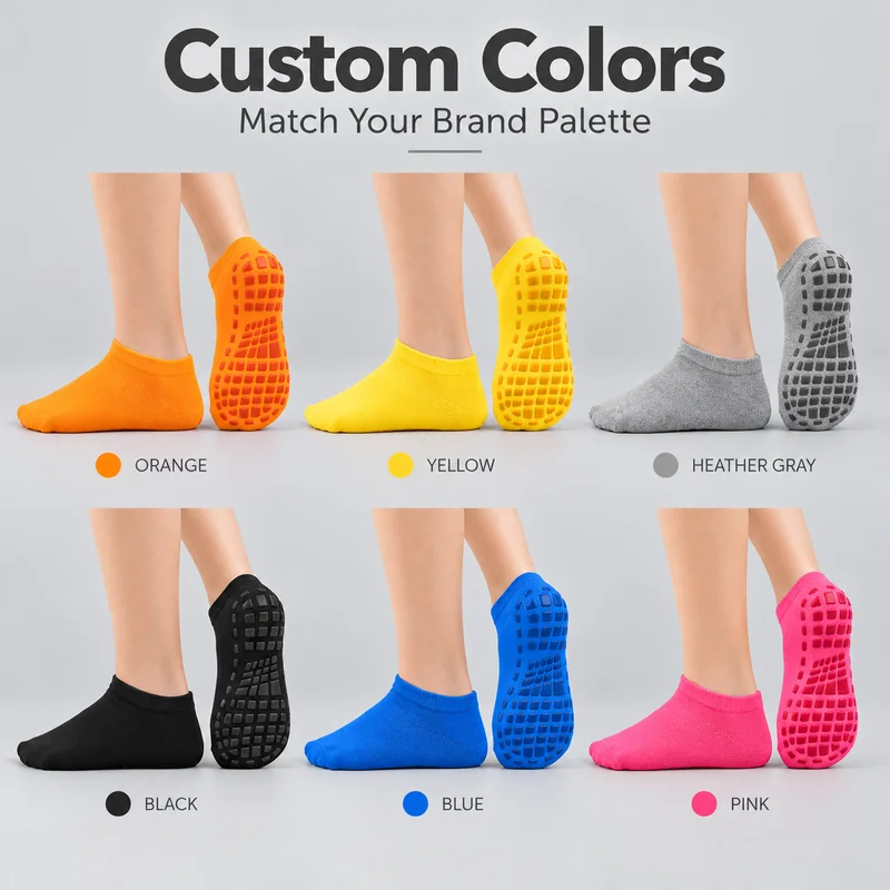 Orange, yellow, heather grey, black, blue and pink low-cut trampoline socks displayed in side and sole views with contrasting or tonal grip pads