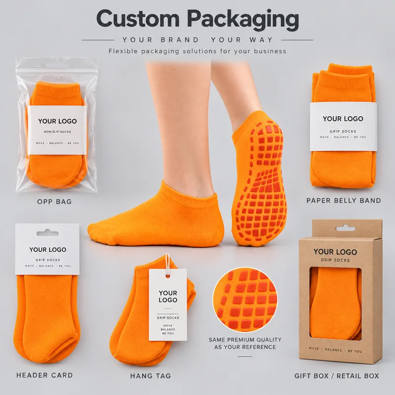 Orange low-cut grip socks alongside an OPP bag, paper belly band, header card, hang tag and retail box with illustrative brand placeholders