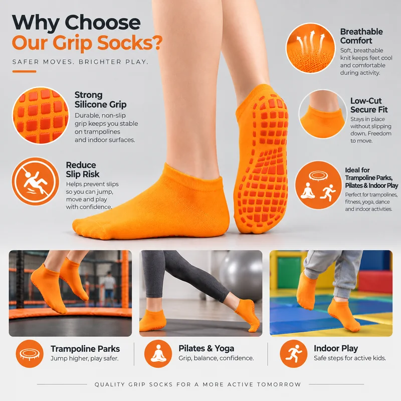 Orange low-cut socks with close-ups of the cuff, knit and sole grip, alongside trampoline park, Pilates and yoga, and indoor play application references