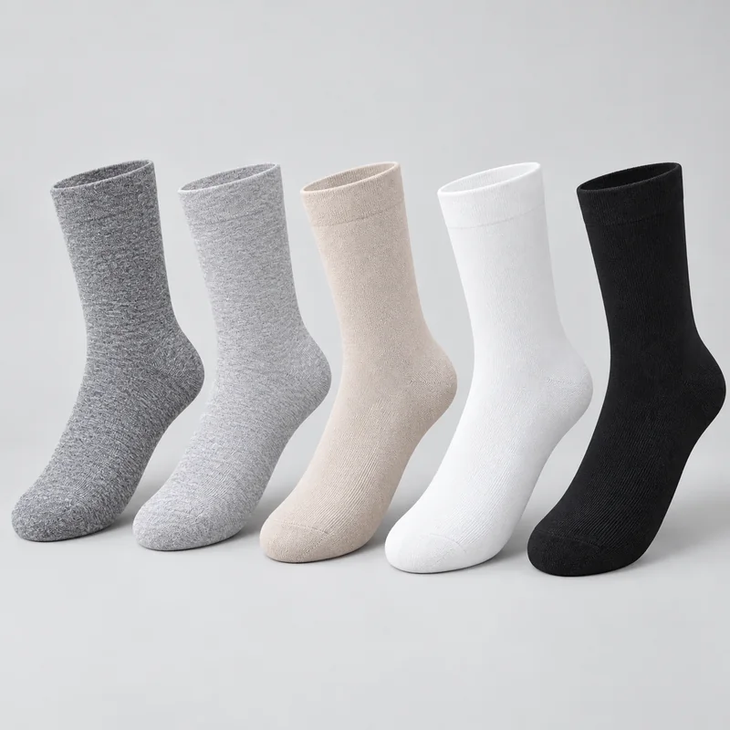 Five plain knit blank crew socks in charcoal heather, light heather grey, oatmeal, white and black