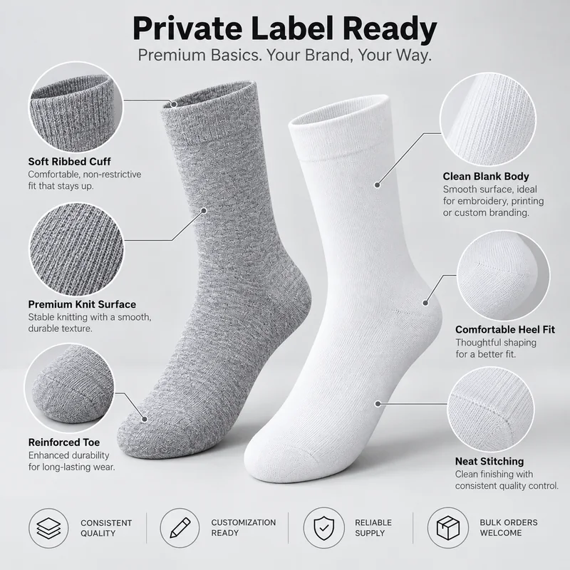 Heather grey and white blank crew socks with close-ups of the ribbed cuff, plain knit body, shaped heel and toe finishing