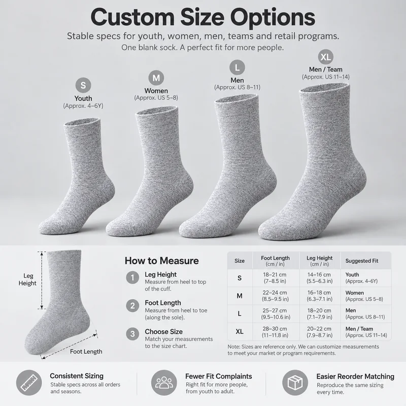 Heather grey plain crew socks with S to XL size references and illustrated foot-length and leg-height measurements