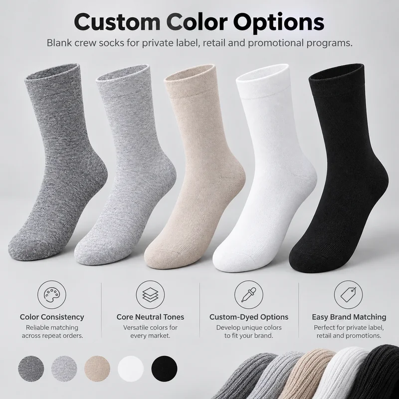 Plain knit blank crew socks in charcoal heather, light heather grey, oatmeal, white and black with matching colour swatches