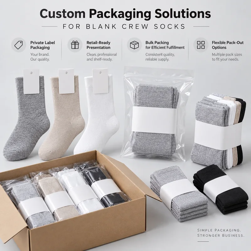 Blank crew socks shown with hang tags, belly bands, individual bags, multipacks and a bulk carton