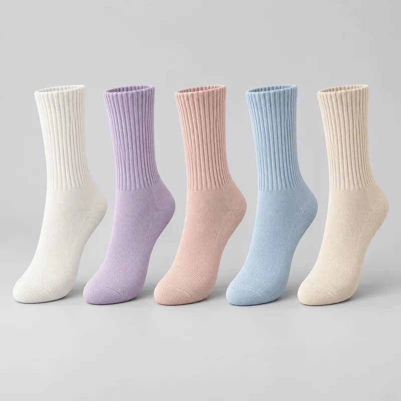 Five closed-toe ribbed crew yoga grip socks in ivory white, lavender, blush pink, powder blue and warm cream