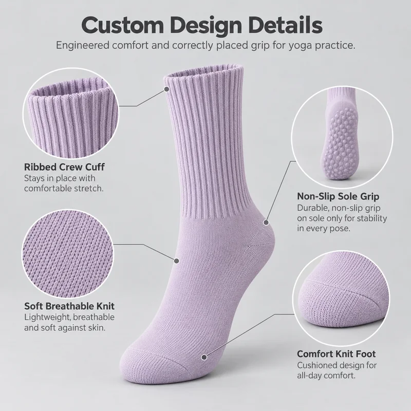 Lavender crew yoga sock with close-ups of the ribbed cuff, knit foot, closed toe and circular grip dots on the sole