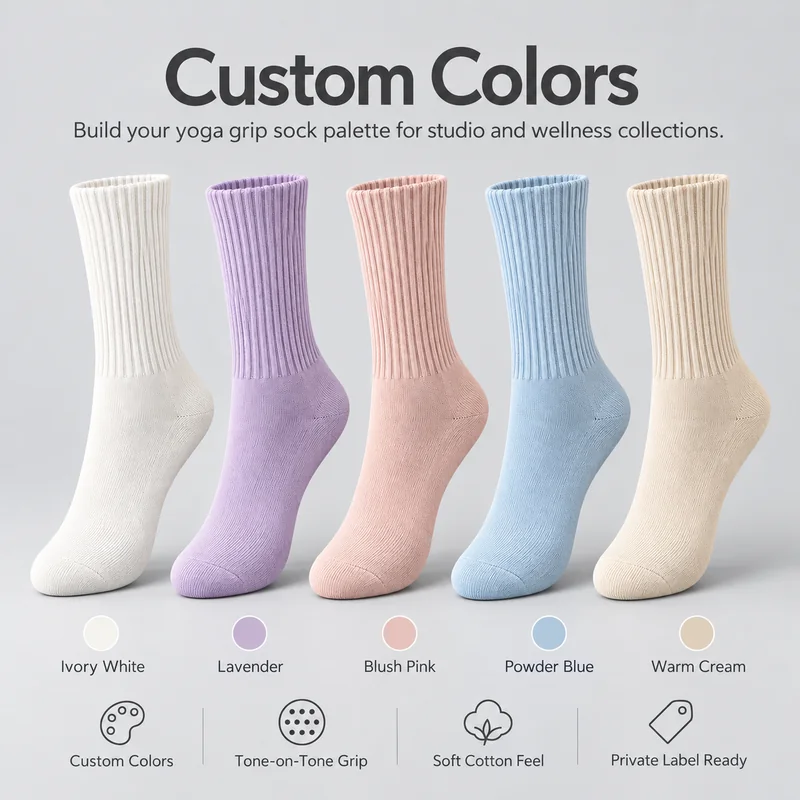 Ribbed crew yoga grip socks in ivory white, lavender, blush pink, powder blue and warm cream with colour reference labels