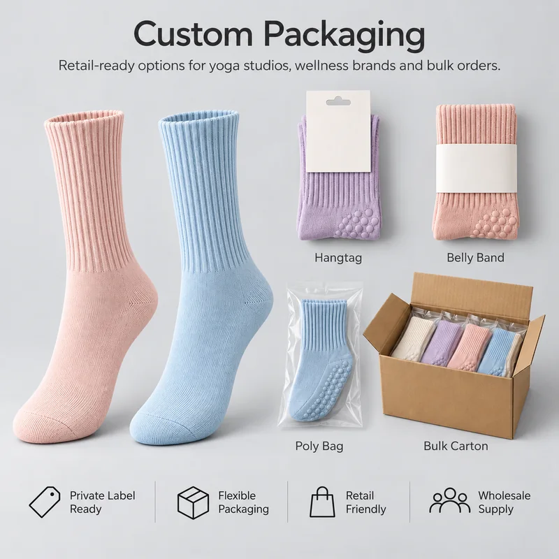 Yoga grip socks with hangtag, belly band, individual polybag and bulk carton packaging examples