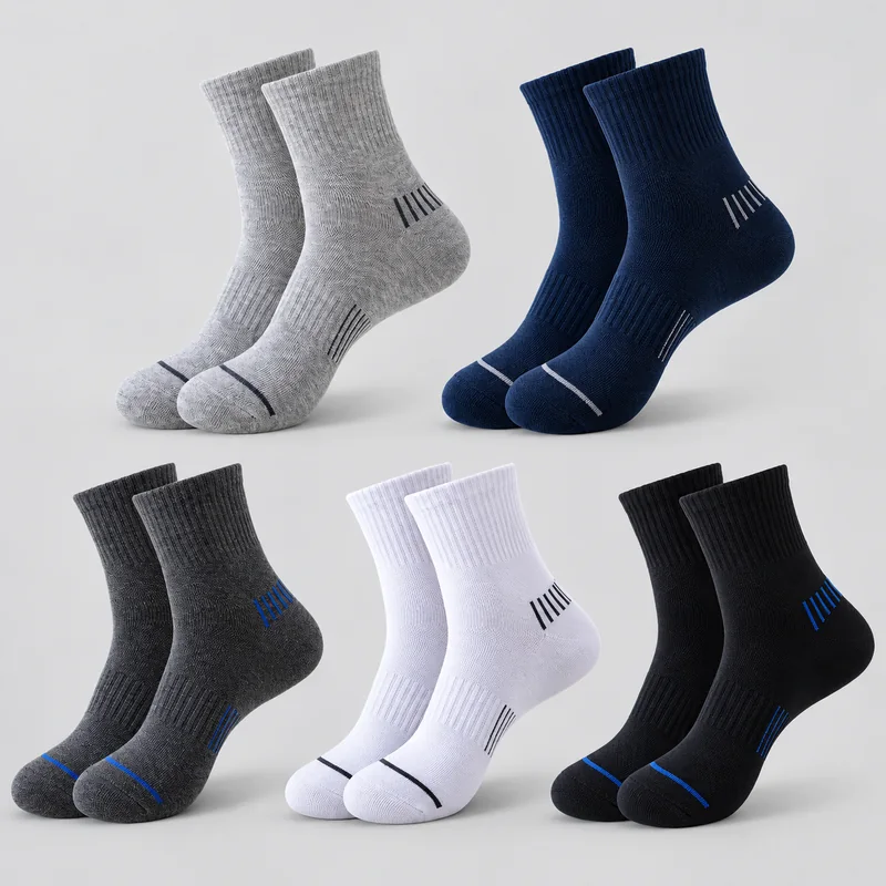Pairs of ribbed training socks in light grey, navy, dark grey, white and black with textured knit zones and contrasting line accents