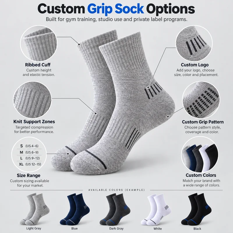 Light grey training socks with close-ups of the ribbed cuff, textured knit, logo placement and rectangular grip pattern, alongside size and colour references
