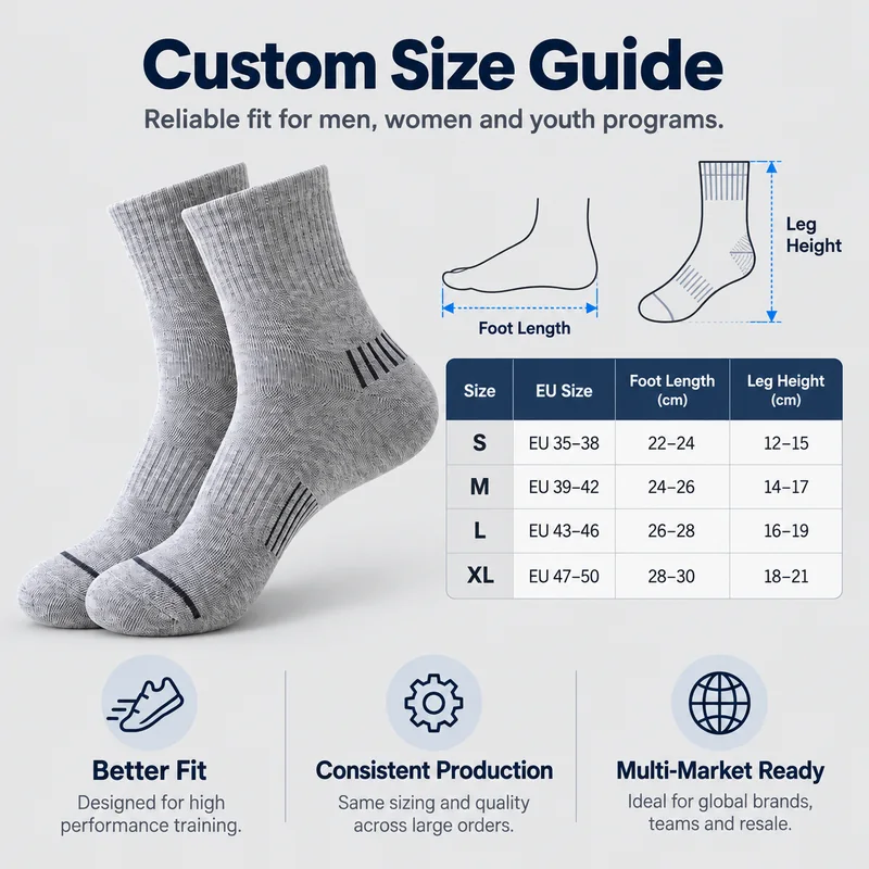 Training sock size guide showing S at EU 35 to 38, M at EU 39 to 42, L at EU 43 to 46 and XL at EU 47 to 50, with foot-length and leg-height references