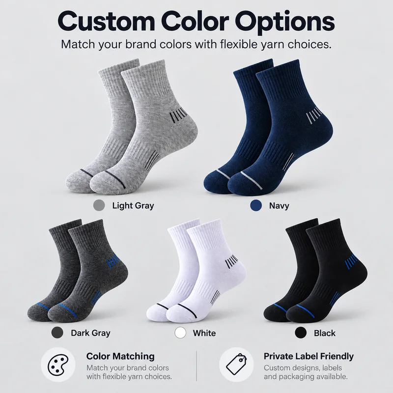 Five pairs of training socks labelled Light Gray, Navy, Dark Gray, White and Black with coordinating contrast line details