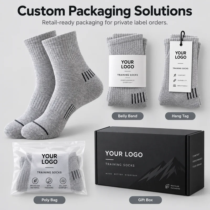 Light grey training socks with private label belly band, hang tag, polybag and gift box packaging mockups