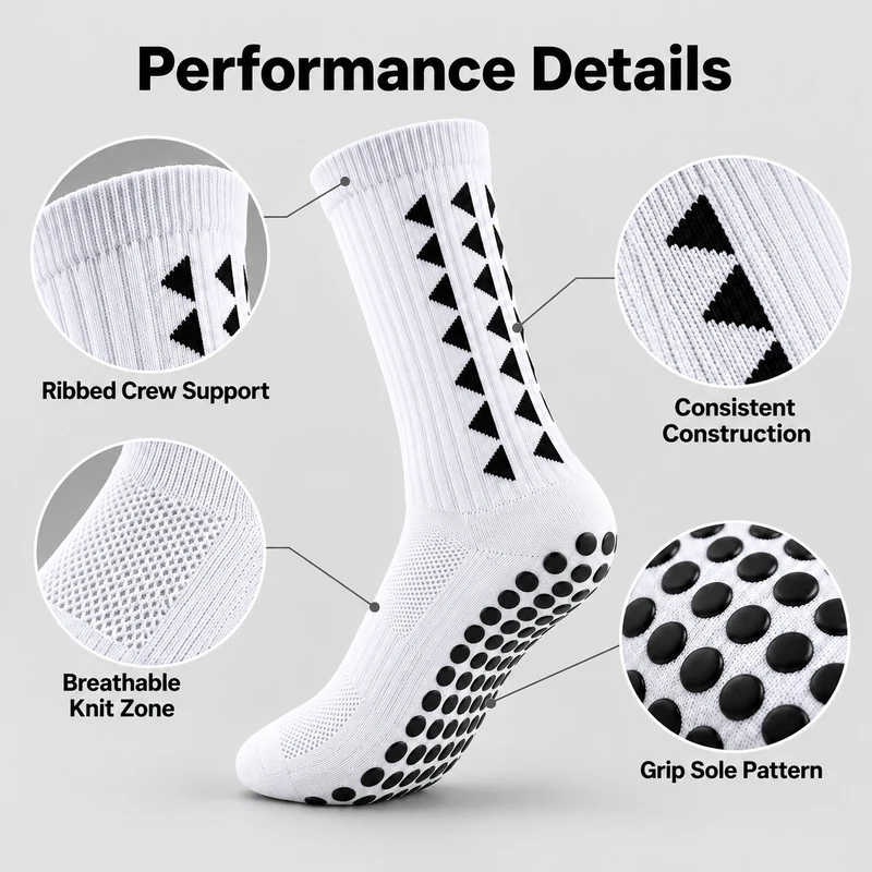 White football grip sock showing the ribbed crew leg, triangle knit detail, mesh-knit zone and round sole pads