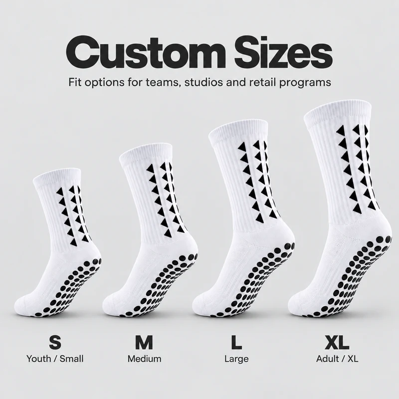 White round-dot football grip socks illustrating S, M, L and XL size planning for youth and adult orders
