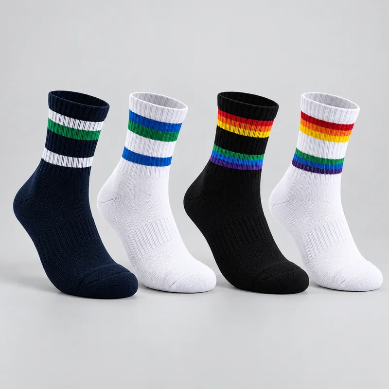 Four unbranded crew sports socks: navy with white and green stripes, white with blue and green stripes, and black and white rainbow-striped versions