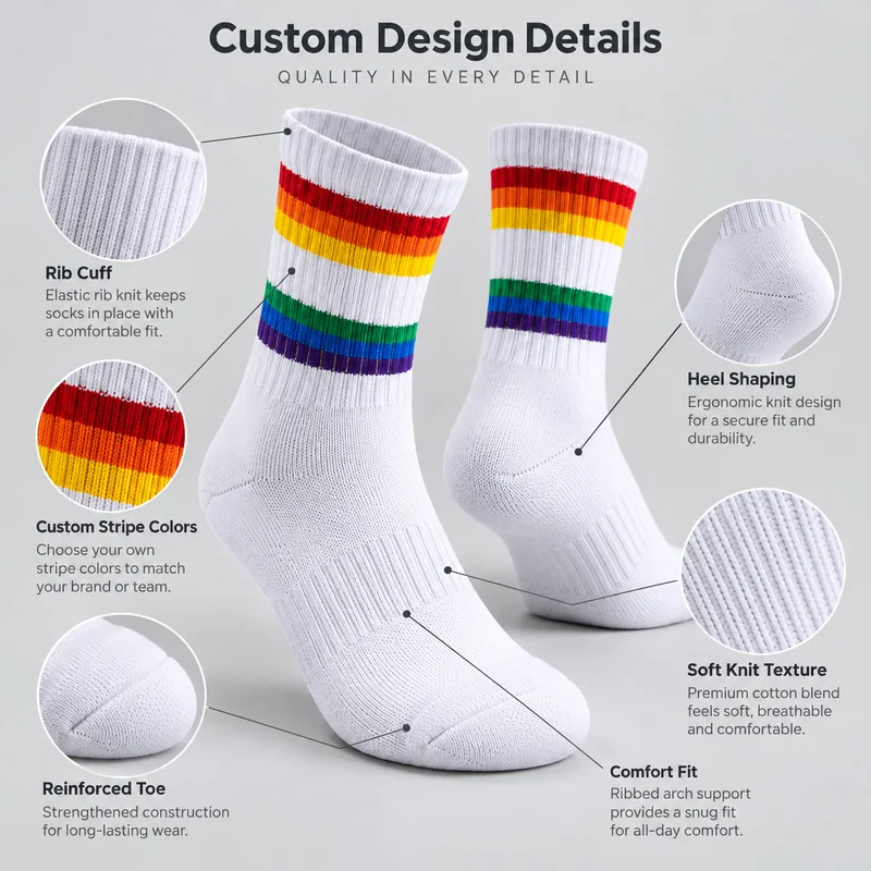 White rainbow-striped crew socks with close-ups of the ribbed cuff, stripe colours, shaped heel, toe finishing and ribbed arch zone