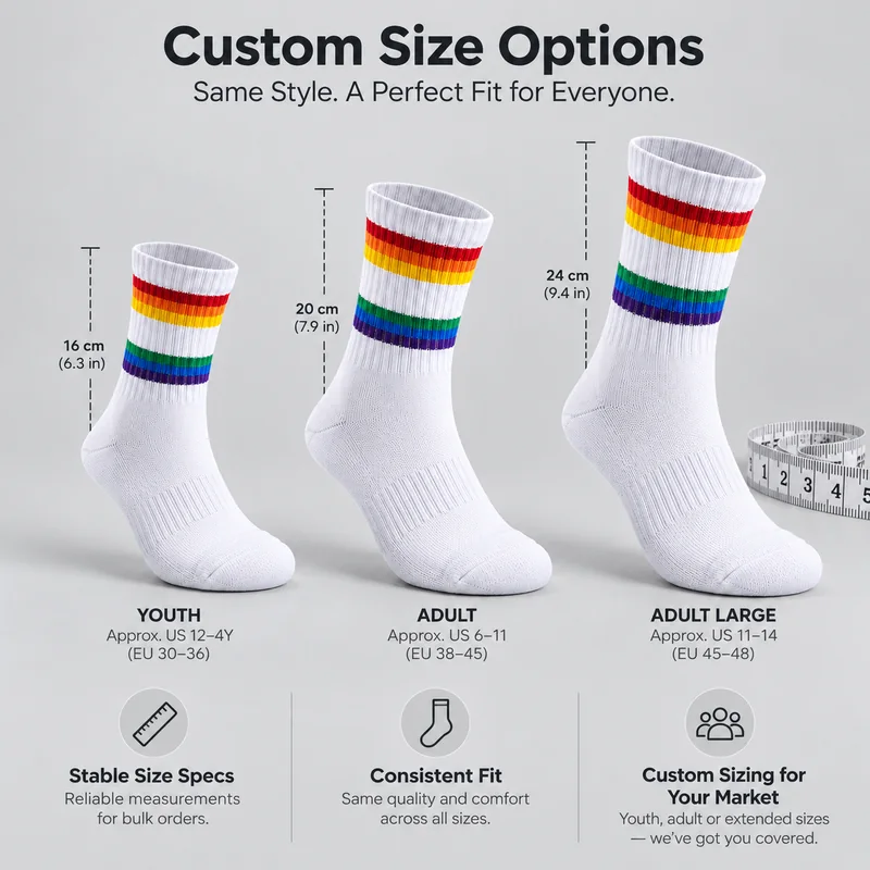 Three white rainbow-striped sports socks showing youth, adult and adult-large size planning with illustrated 16, 20 and 24 centimetre height references