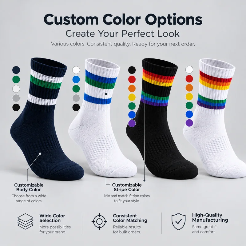 Navy, black and white crew sports socks with blue-green and rainbow stripe combinations and matching colour swatches