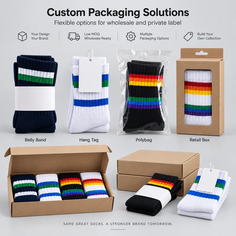Striped crew sports socks with belly bands, hang tags, polybags, a retail window box and multipack presentation boxes