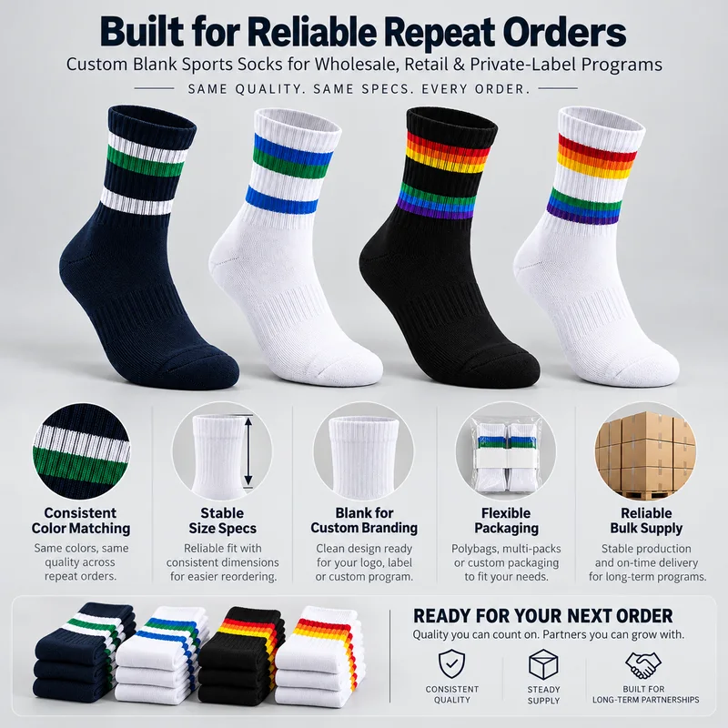 Striped crew sports sock colour range with folded pairs, packed cartons and colour, size and packaging references for repeat orders