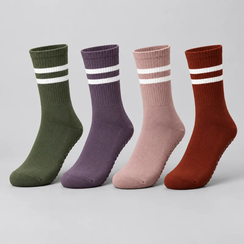 Crew yoga grip socks in olive green, muted plum, dusty rose and rust with two white cuff stripes