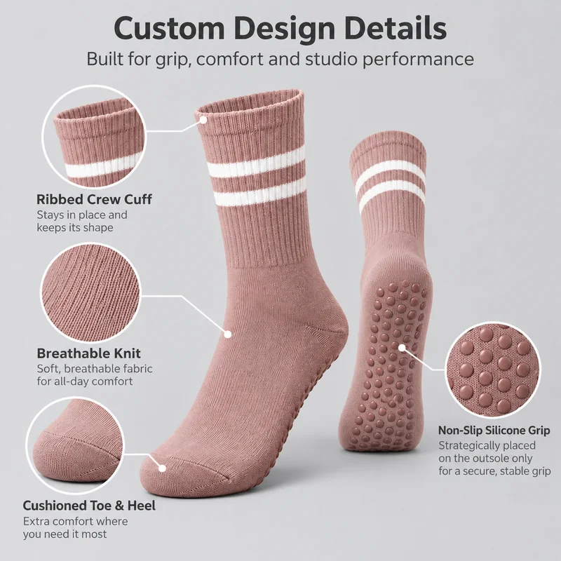 Dusty rose crew yoga socks showing two white cuff stripes, ribbed knit, heel and toe details and circular sole grip dots