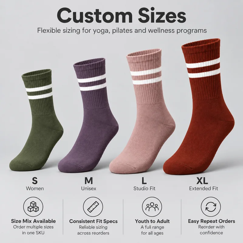 Striped crew yoga grip socks with S, M, L and XL labels for a custom studio size assortment